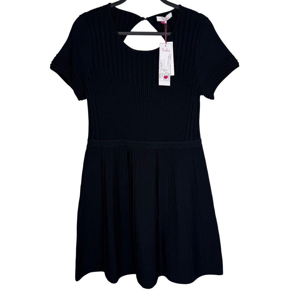 NWT Parker Black Ribbed Knit Cutout Back Fit Flare Dress Size‎ L